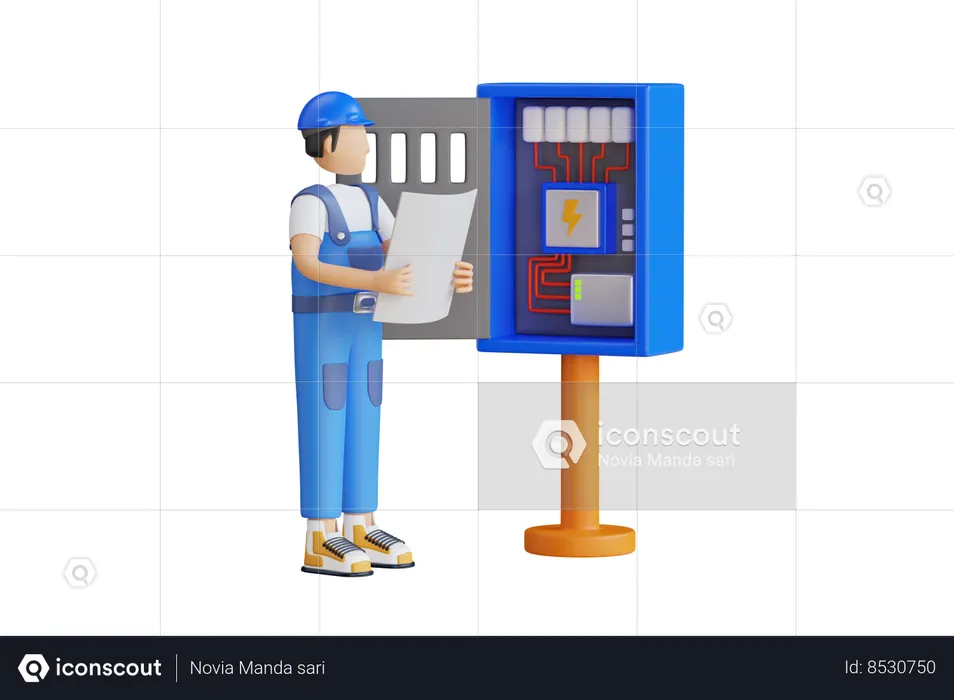 Electrician Engineer Checking Circuit Box  3D Illustration