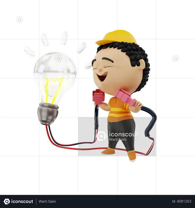 Electrician holding plug and bulb  3D Illustration