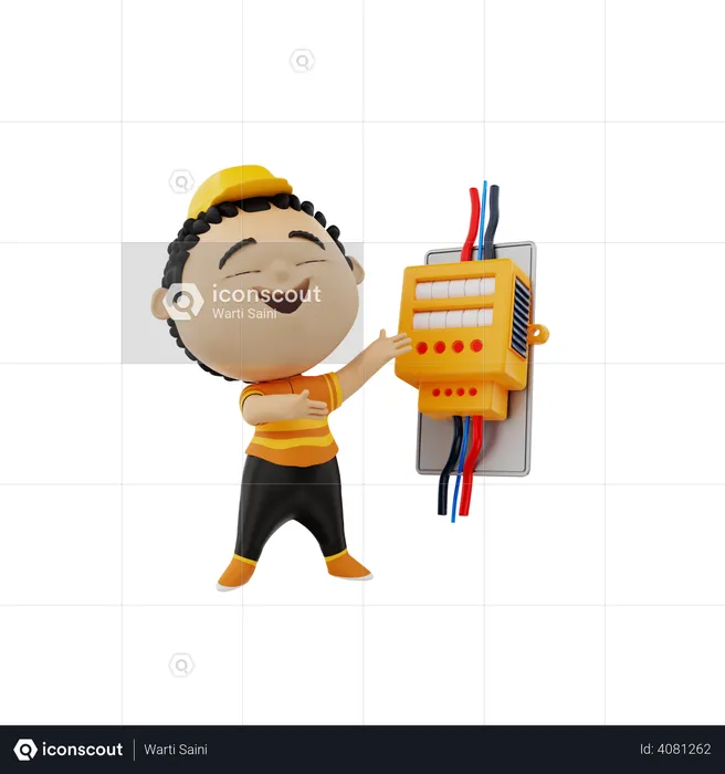 Electrician showing connection of meter box  3D Illustration