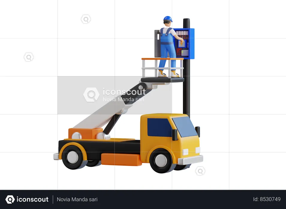 Electrician Standing On Cable Car To Repair Power Supply System  3D Illustration