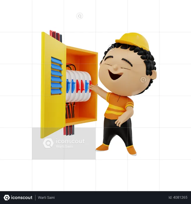 Electrician with fuse box  3D Illustration