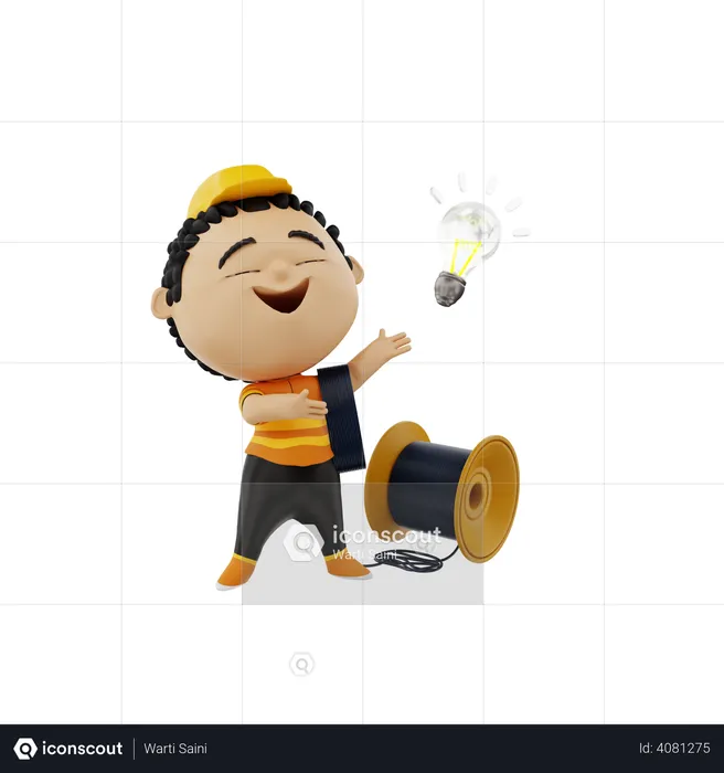 Electrician with wire and bulb  3D Illustration