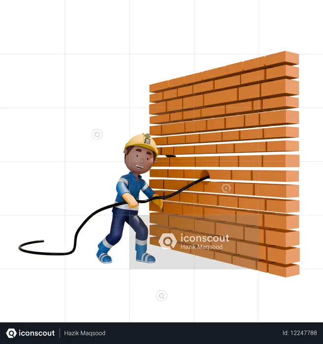 Electricista haciendo cableado de pared de ladrillo en un agujero  3D Illustration