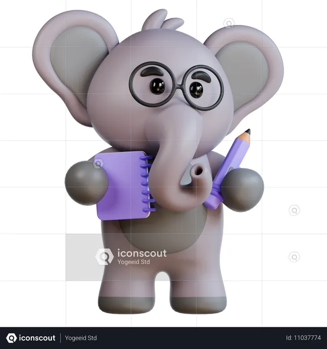 L'éléphant apporte une note et un crayon  3D Illustration