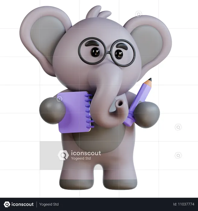 Elephant Bring Note And Pencil  3D Illustration