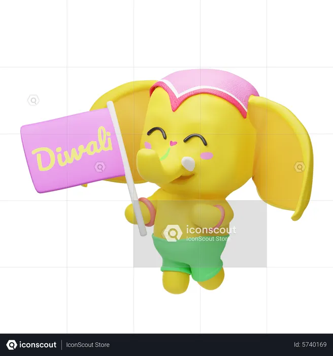 Elephant Holding Diwali Flag  3D Illustration