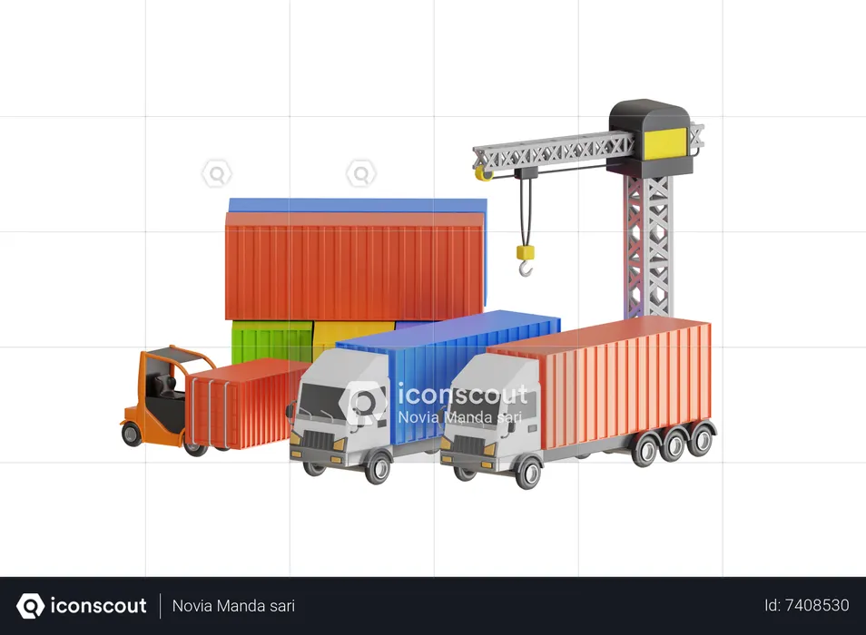 Empilhadeira movimentando caixa de contêiner carregando nas docas com caminhão  3D Icon