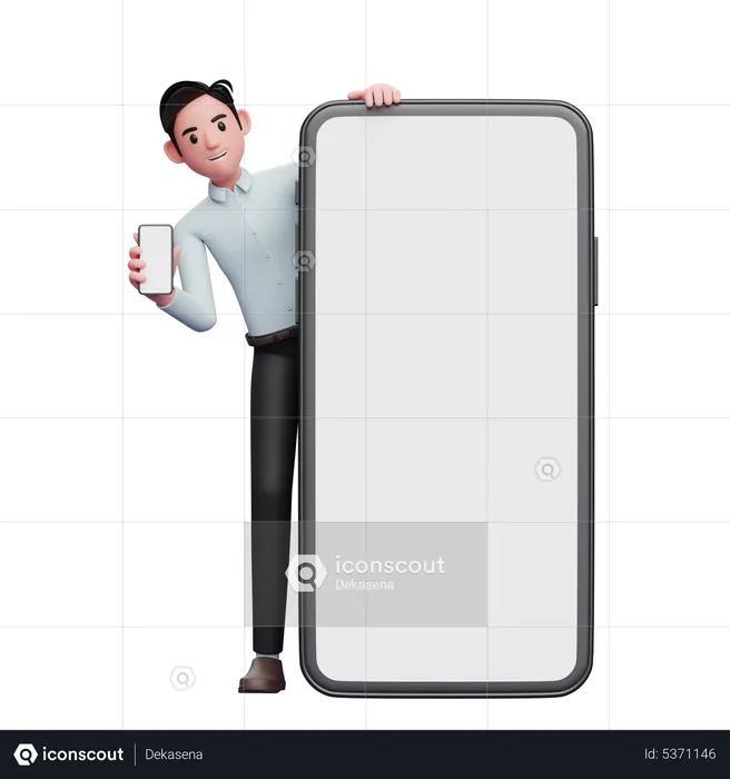 Empleado masculino con teléfono en mano parado detrás de una gran pantalla móvil  3D Illustration