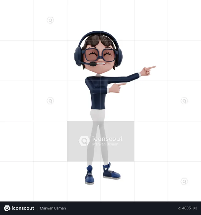 Employée du service client pointant les deux mains sur le côté gauche  3D Illustration