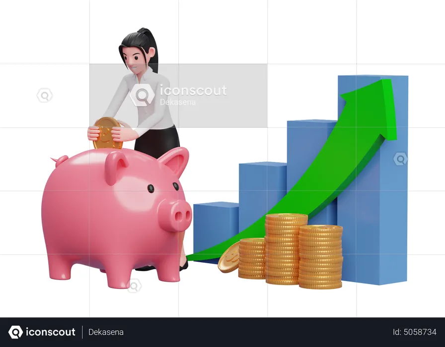 Empresaria ahorrando dinero de las ganancias de la inversión  3D Illustration