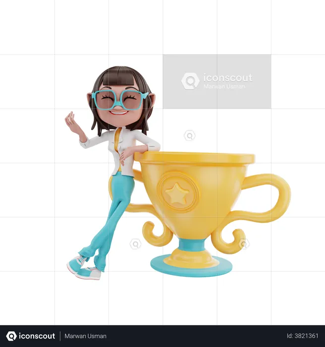 Empresária apoiando-se no troféu  3D Illustration