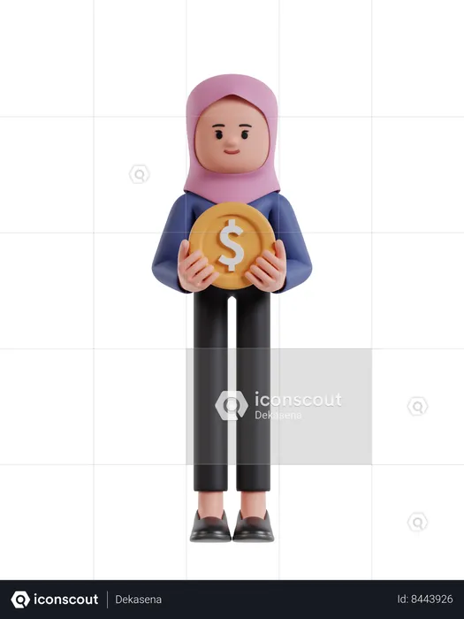 Empresária com empresária hijab carregando moedas de dólar  3D Illustration