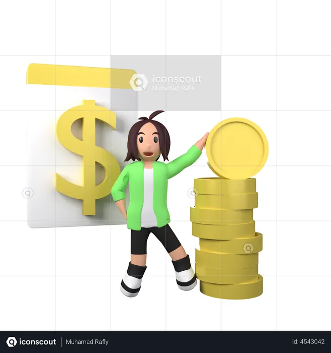 Empresaria con pila de monedas  3D Illustration