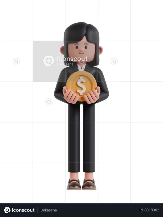 Empresaria llevando moneda de un dólar  3D Illustration