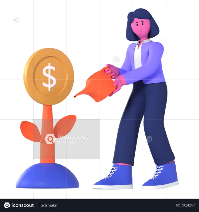 Empresária regando planta de dólar  3D Illustration