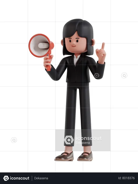 Empresaria sosteniendo megáfono mientras levanta el dedo  3D Illustration