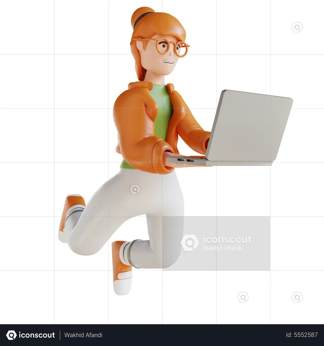 Mujer de negocios, vuelo, tenencia, computador portatil  3D Illustration