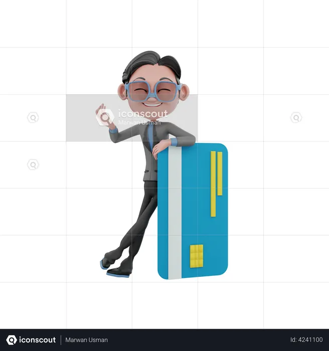 Empresario apoyado en la tarjeta  3D Illustration