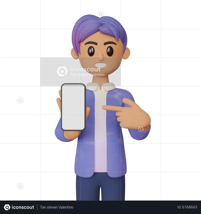 Empresario apuntando a un teléfono inteligente con pantalla en blanco  3D Illustration