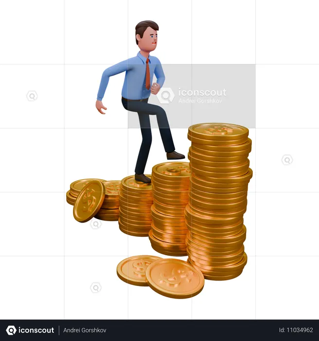 Hombre de negocios caminando sobre pilas de monedas de oro  3D Icon