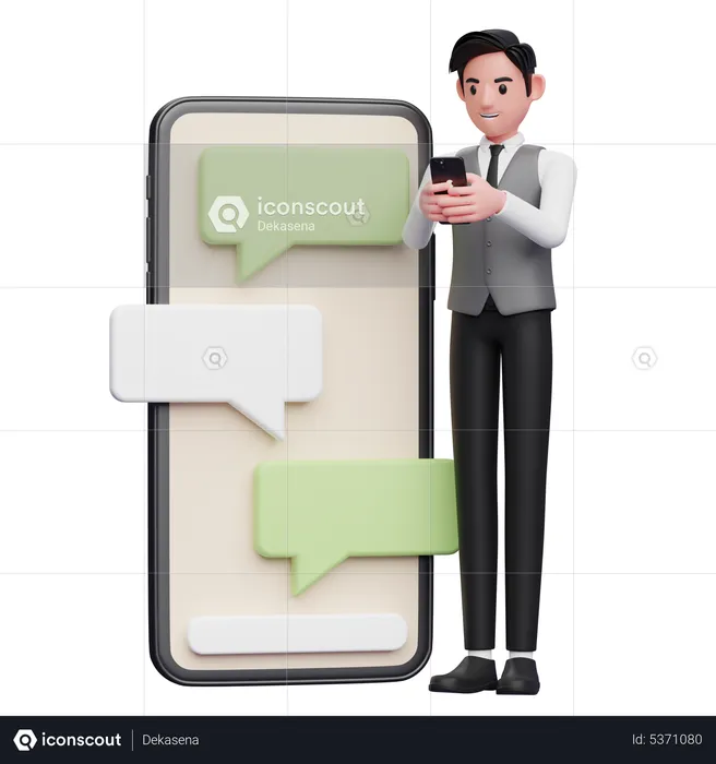 Empresário com colete cinza digitando no telefone ao lado de um telefone grande com ornamento de bate-papo com bolhas  3D Illustration