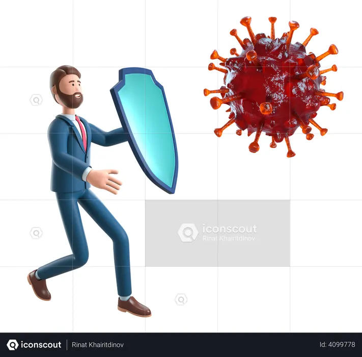 Empresário com escudo de cavaleiro protegendo contra Coronavírus  3D Illustration