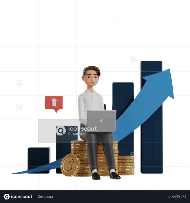 Empresário com laptop sentado em uma pilha de moedas observando o crescimento da renda  3D Illustration