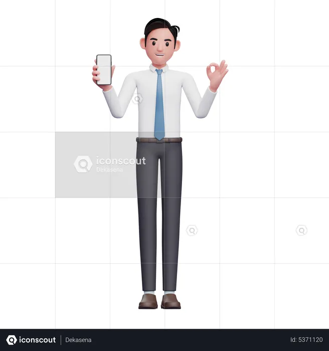 Empresario con camisa blanca dando un gesto de aprobación con el dedo mientras muestra la pantalla del teléfono  3D Illustration