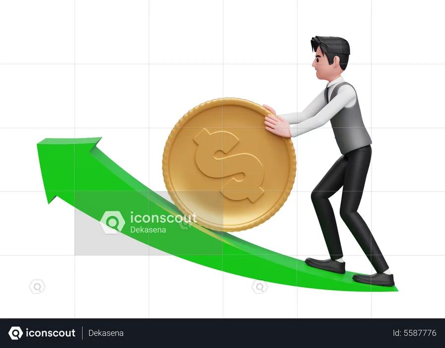 Empresario con chaleco gris empuja la moneda de oro en dólares hacia un crecimiento ascendente  3D Illustration