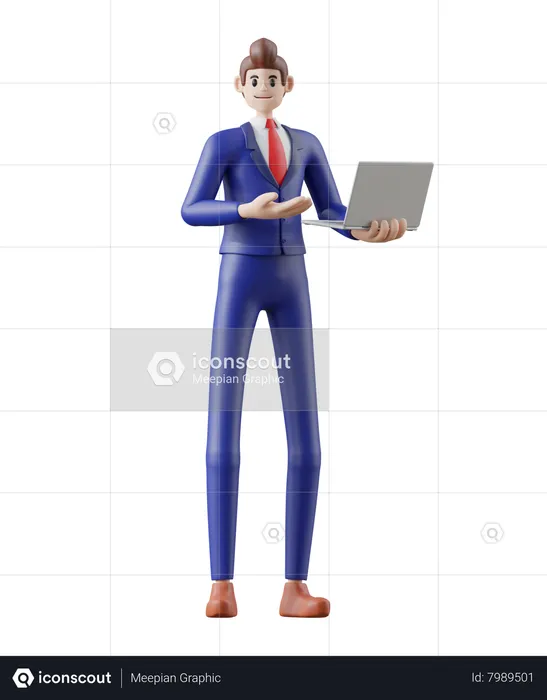 Hombre de negocios con computadora portátil y gesto de presentación  3D Illustration