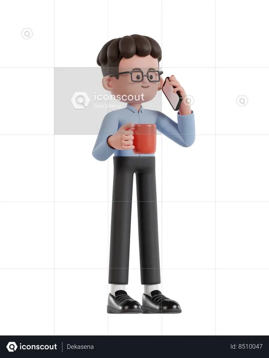 Empresário de cabelos cacheados segurando uma xícara de café e falando no celular  3D Illustration