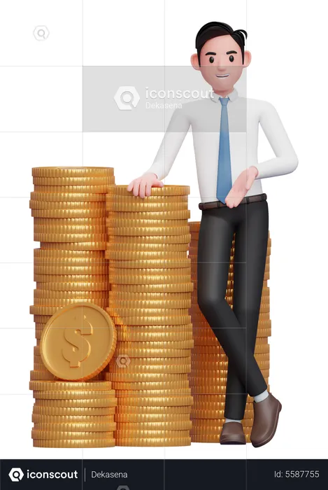 Empresário de camisa branca, gravata azul, em pé com as pernas cruzadas e apoiando-se na pilha de moedas  3D Illustration