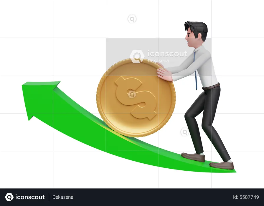 Empresário de camisa branca, gravata azul, empurrando a moeda de ouro em dólar para cima, crescendo a seta verde  3D Illustration