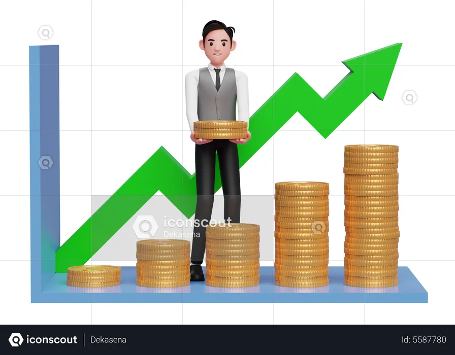 Empresário de colete cinza fazendo gráfico de barras estatístico com pilha de moedas de ouro  3D Illustration