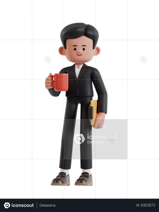 Empresario de pie sosteniendo una taza de café y un portapapeles  3D Illustration