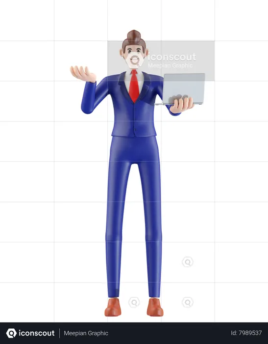 Hombre de negocios de pie y explicando con la computadora portátil  3D Illustration