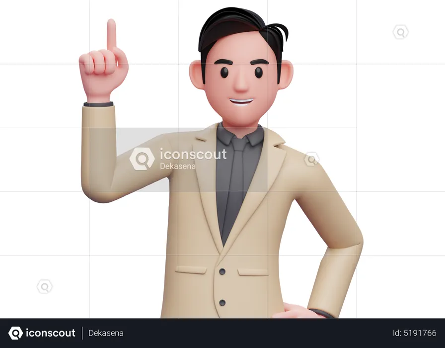 Empresário de terno marrom apontando para cima com o dedo indicador  3D Illustration