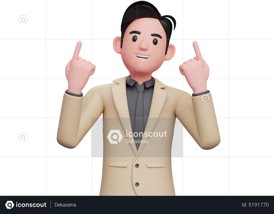 Empresário de terno marrom levanta os dois dedos indicadores e olha para cima  3D Illustration