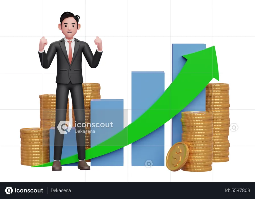 Empresário de terno formal preto comemorando com os punhos cerrados na frente de um gráfico de barras crescente positivo com ornamento de moeda  3D Illustration