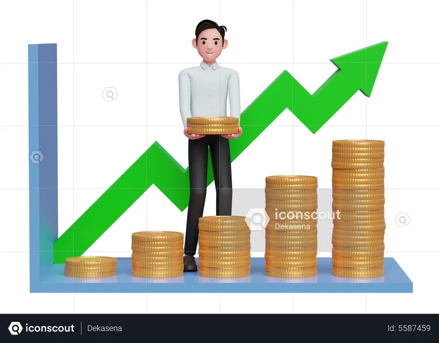 Empresário de vestido azul fazendo gráfico de barras estatístico com pilha de moedas de ouro  3D Illustration