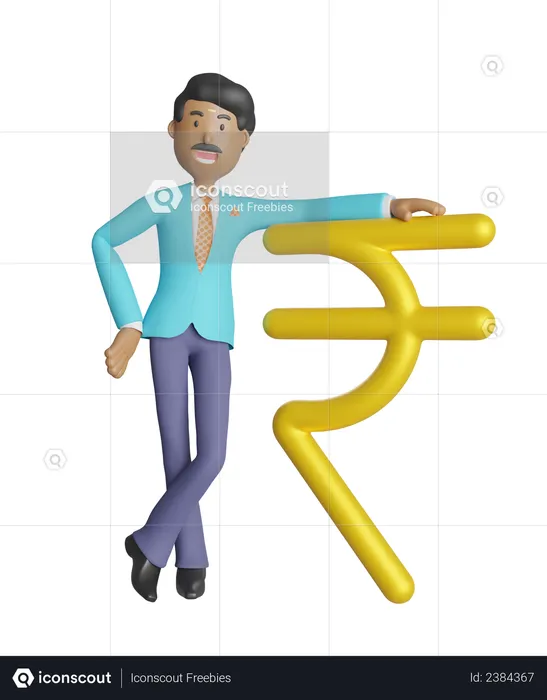 Empresario del sur de la India apoyándose en la rupia, el símbolo de la moneda india  3D Illustration