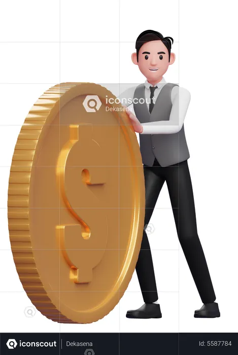 Empresario empujando una gran moneda de dólar de oro  3D Illustration