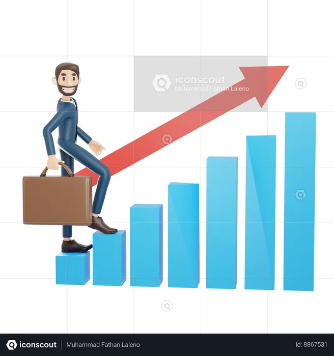 Empresario subiendo en la tabla de crecimiento  3D Illustration