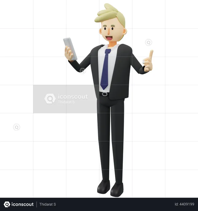 El empresario sostiene un teléfono inteligente.  3D Illustration