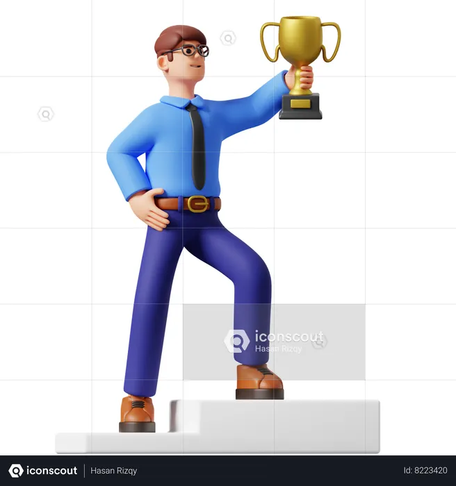 Empresario levantando un trofeo  3D Illustration