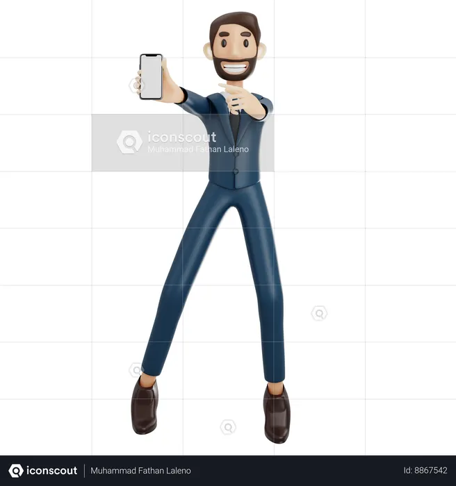 Empresario mostrando móvil mientras apunta móvil  3D Illustration