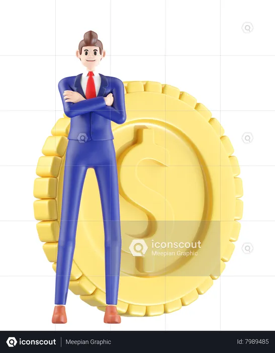 Empresario de pie junto a la moneda moneda  3D Illustration