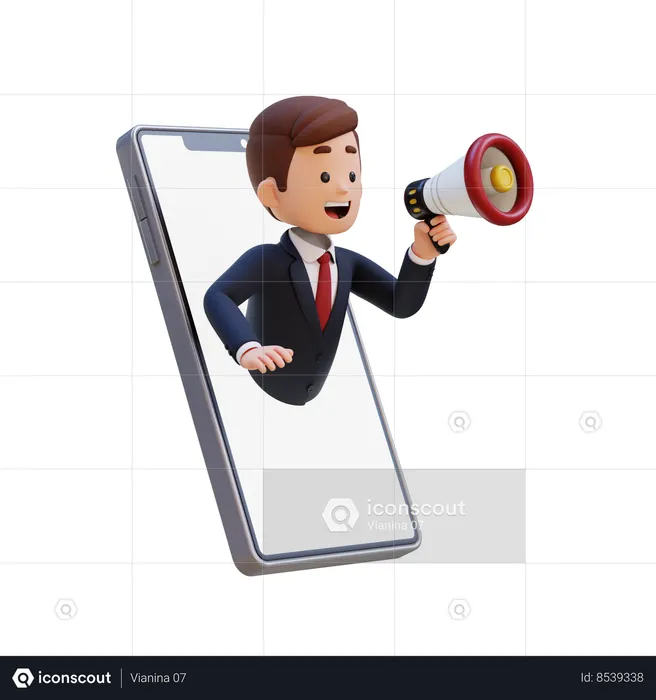 Empresário pulando da tela do smartphone e segurando o megafone  3D Illustration