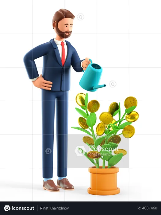 Empresario regar el árbol del dinero  3D Illustration