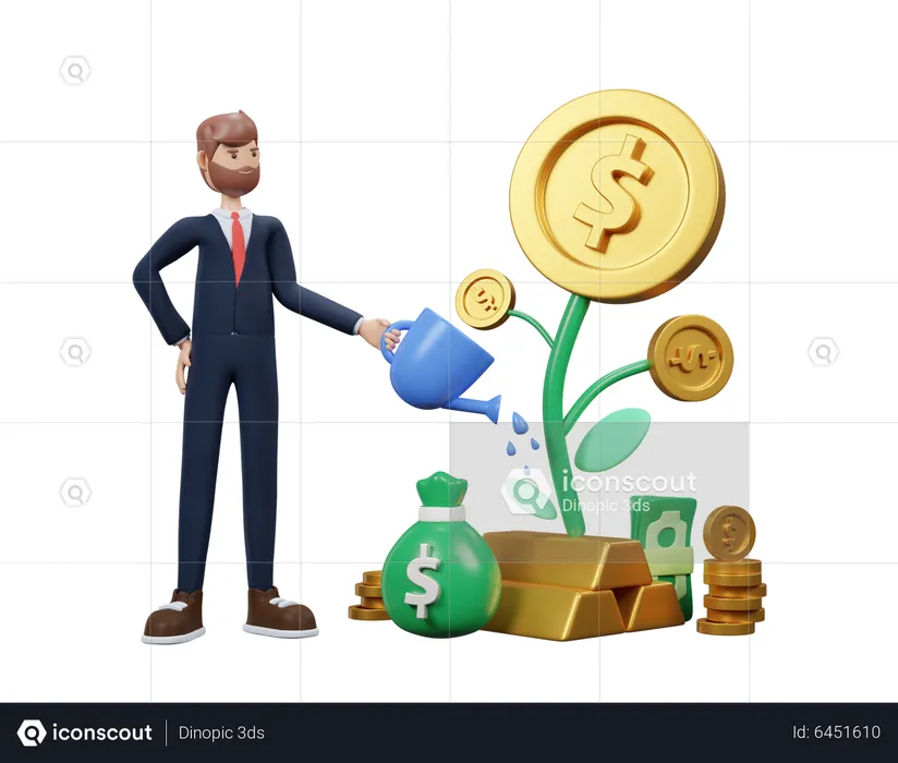 Hombre de negocios, regar, dinero, planta  3D Illustration